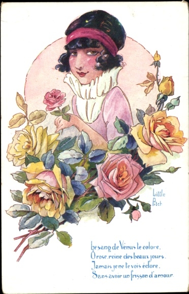Artist Postcard Little Pitche, portrait of a Woman, Roses