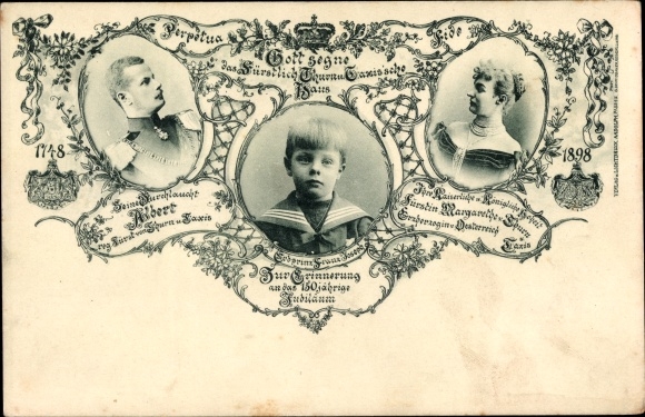 Postcard portrait Prince Albert, Princess Margarethe, Hereditary Prince Franz Joseph, 150th anniversary 1898