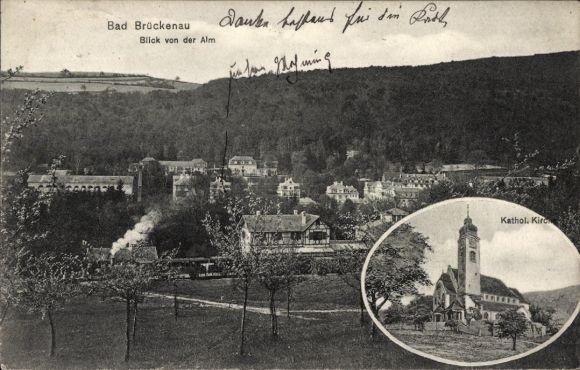 Postcard Bad Brückenau in Sinntal Lower Franconia, view from the Alm, Catholic Church