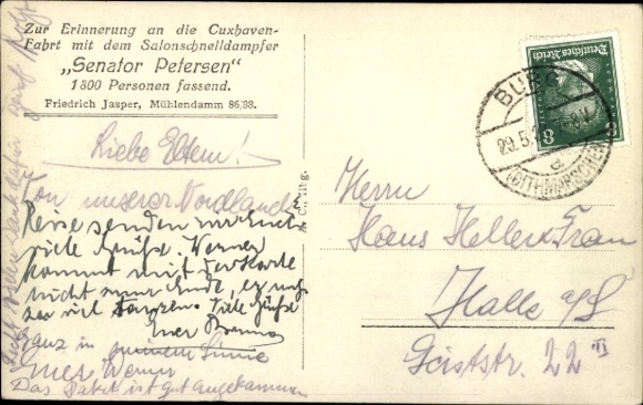 Postcard twin-screw steamer Senator Petersen, HADAG