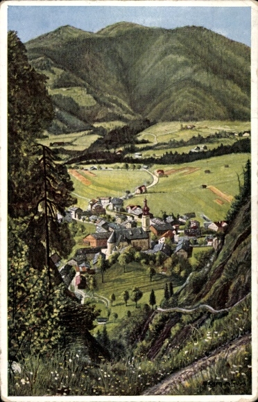 Artist Postcard M. Egen, Reit im Winkl, view from the waterfall towards Fellhorn