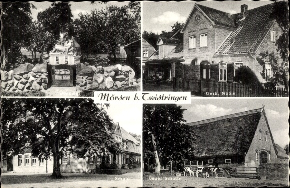 Postcard Mörsen near Twistringen Lower Saxony, school, monument