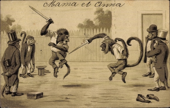 Shape Postcard baboons as swordsmen, tails, top hats, humanized monkeys