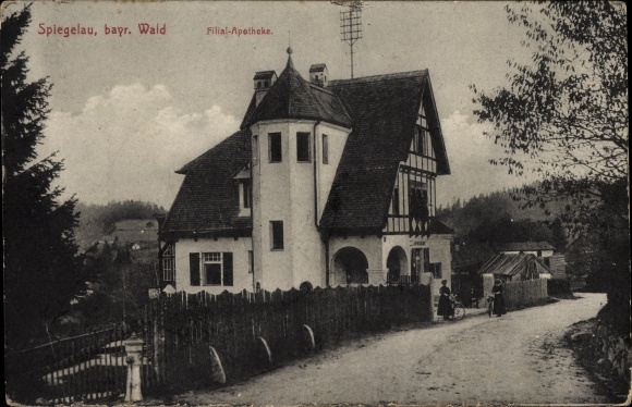 Postcard Spiegelau in the Bavarian Forest of Lower Bavaria, view of the pharmacy