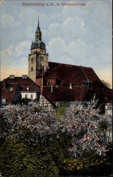 Postcard Brandenburg an der Havel, St. Katharinen Church, architecture, flowering trees