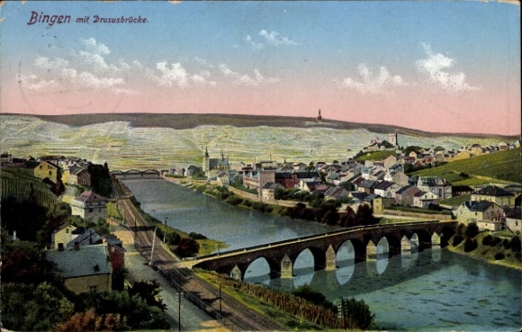 Postcard Bingen am Rhein, city view with Drusus Bridge, river landscape, row of houses