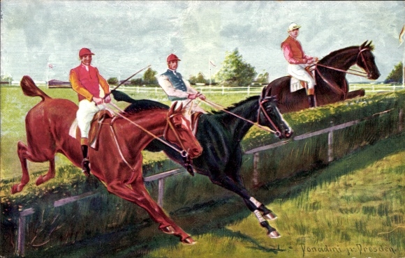 Kunstenaar Ak Donadini, paardenrennen, springen over een obstakel