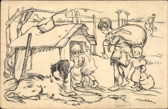 Artist Postcard Poulbot, Francisque, Children move into a doghouse