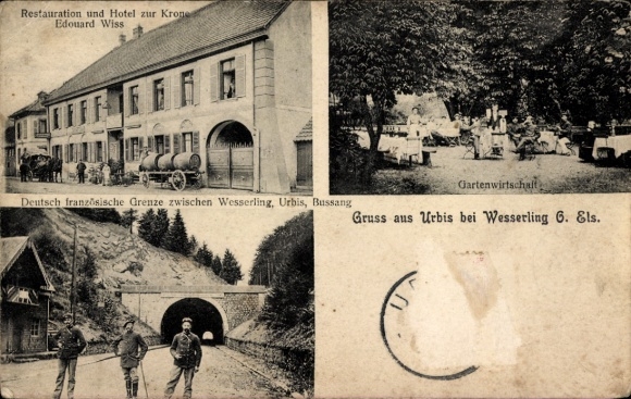 Postcard Urbis Wesserling Alsace Haut Rhin, German French border, garden restaurant, Hotel zur Krone