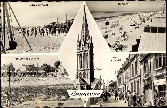 Ak Langrune Calvados, la Plage, rue de la Mer, l'Église