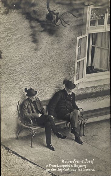 Postcard Emperor Franz Josef and Prince Leopold of Bavaria in front of the hunting lodge in Eisenerz