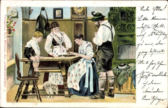 Ak Familie in Tracht in einer Stube, Serie Liebeswerben