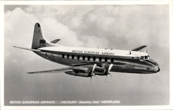 Postcard passenger aircraft Viscount Discovery Class of British European Airways, G-AMOG