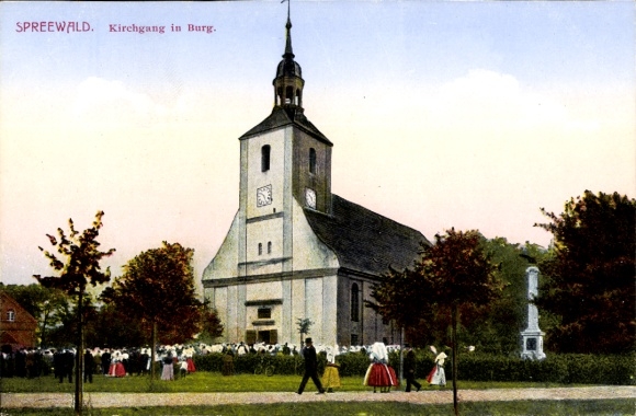 Postcard Castle in the Spreewald, church, Spree forests while going to church
