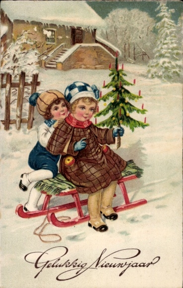 Chromo-Litho Happy New Year, sleigh, children