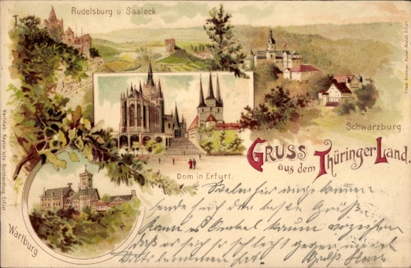 Chromo-Litho Bad Kösen Naumburg an der Saale, Rudelsburg, Wartburg, Cathedral in Erfurt, Schwarzburg