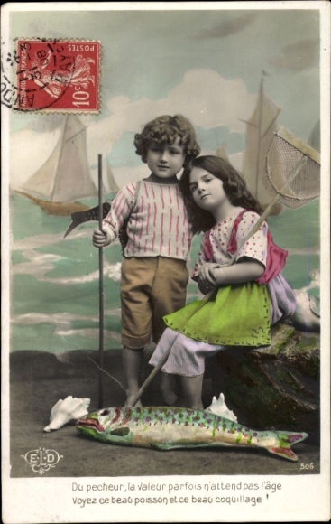 Postcard children as fishermen, net, fish, sailboats, colored