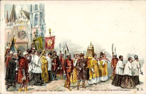 Postal stationery artist Postcard Budapest, Hungary, procession for the feast of Saint Stephen