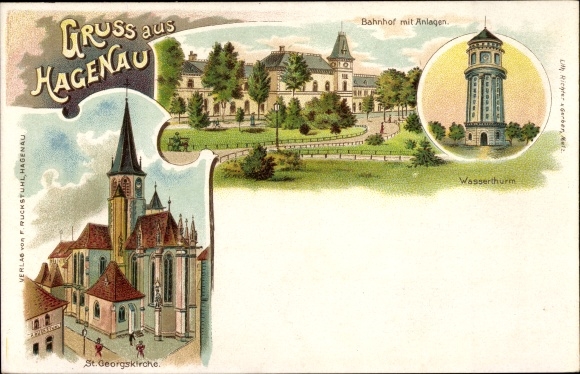 Chromo-Litho Haguenau Haguenau in Alsace Bas Rhin, train station, facilities, St. George&#39;s Church, water tower