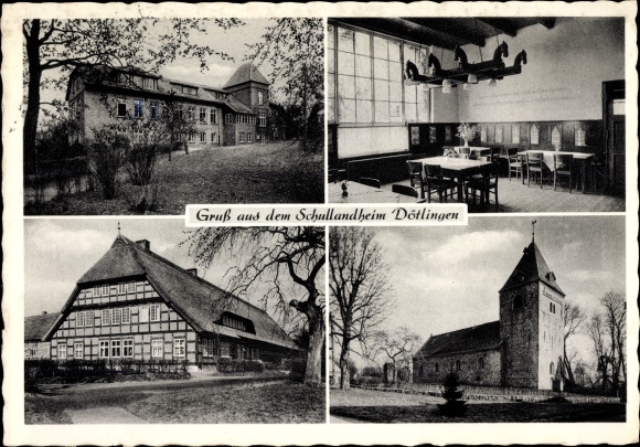 Postcard Dötlingen in Oldenburg, Church of St. Firminus, school hostel