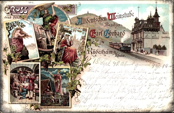Chromo-Litho Rüdesheim am Rhein Hesse, Old German Wine Bar, Loreley, Father Rhine, Hagen