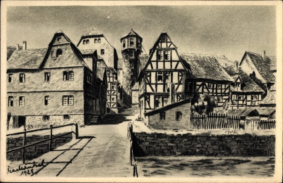 Artist Postcard Winkel, K., Lauterbach on the Lauter Vogelsbergkreis, anchor tower, half-timbered houses