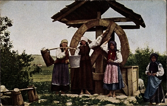 Postcard Balkan, peasant women at the village well, wooden wheel, bucket