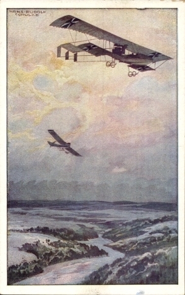 Künstler Ak Schulze, Hans Rudolf, Militärdoppeldeder auf Erkundungsfahrt über dem Argonnerwald