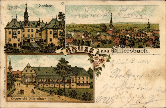 Chromo-Litho Dürrröhrsdorf Dittersbach in Saxony, castle, inheritance court, total view