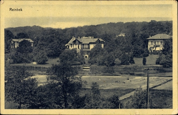 PC Reinbek in Schleswig Holstein, view over meadows and a river to the place, Rembrandt series