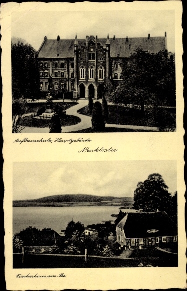 Postcard Neukloster in Mecklenburg, secondary school main building, fisherman&#39;s house on the lake