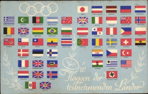 Postcard Olympia Berlin 1936, flags of the participating countries