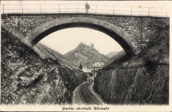 Postcard Altenahr in the Ahr Valley, bridge, tracks, landscape, ruin, black and white photo