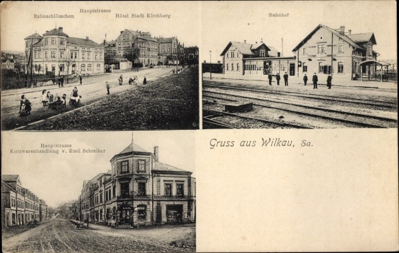 Postcard Wilkau in Saxony, haberdashery, train station, street view, hotel