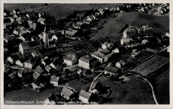 Postcard Scheidegg in Allgäu Swabia, aerial photograph