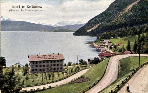Postcard Urfeld Kochel am See in Upper Bavaria, Hotel Jäger am See, H. Wiesmayer, Kesselbergstraße