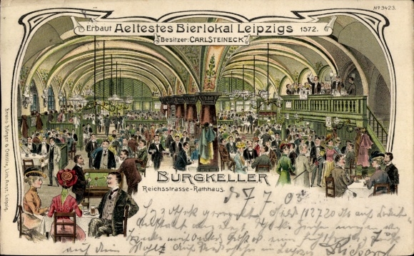 Ak Leipzig, Blick ins Bierlokal, s Gebäude, bunte Farben, zahlreiche Gäste