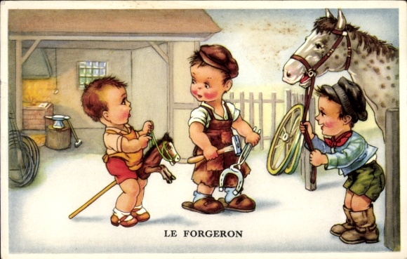 Artist Postcard Le Forgeron, children, blacksmith, horse, hobbyhorse, anvil, horseshoe