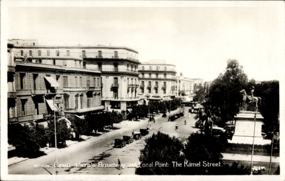 Postcard Cairo Cairo Egypt, Cairo's Broadway, Camel Street, street with vehicles, statues