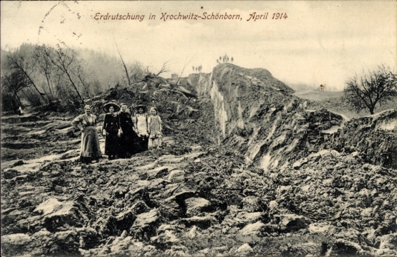 Postcard Chrochvice Krochwitz Podmokly Bodenbach Děčín Tetschen Region Ústí nad Labem, landslide 1914