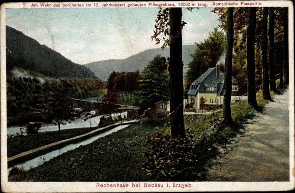PC Albernau Zschorlau in the Ore Mountains, computing house, weir of the raft ditch