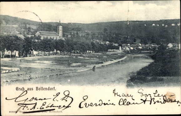Postcard Bollendorf in the Eifel Palatinate, general view, church