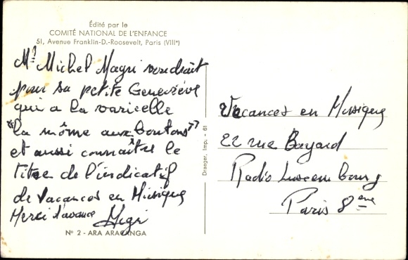 Postcard Ara Aracanga, National Committee for Children Paris
