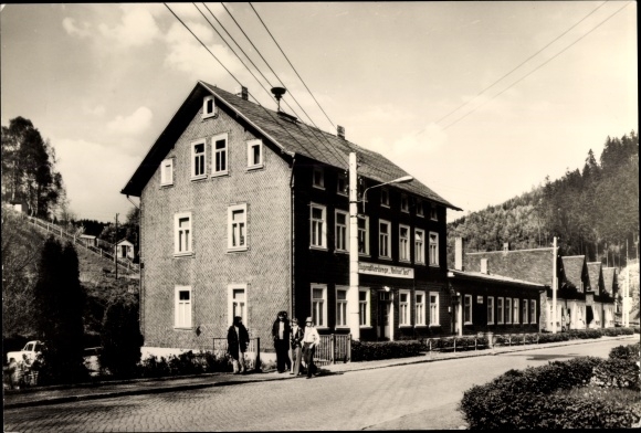 Postcard Katzhütte Oelze, youth hostel Helmut Just, street