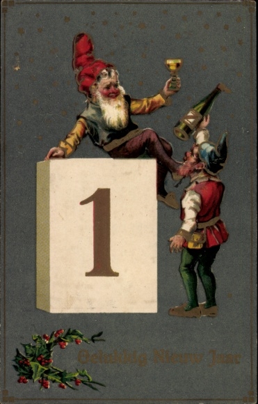 Embossed Postcard Dwarves, Calendar, Champagne, Champagne Glass