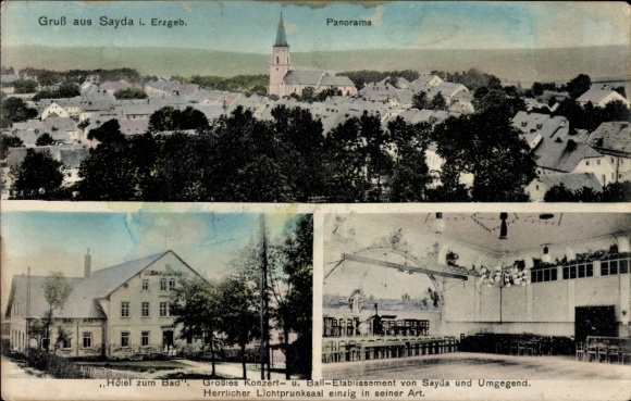 Postcard Sayda in the Erzgebirge, general view, Hotel zum Bad, ballet ablissement