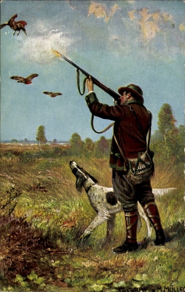 Artist Postcard Graf, G., Müller, M., Waidmanns Heil, hunter on bird hunt, hunting dog