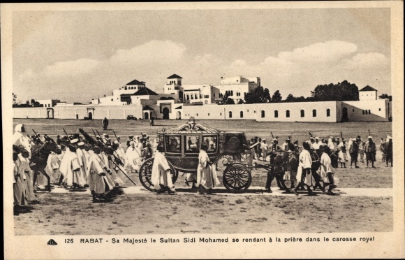 Postcard Rabat Morocco, His Majesty the Sultan Sidi Mohamed, carriage
