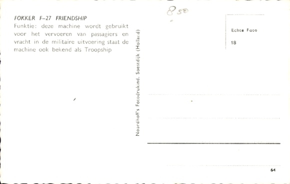 Postcard Dutch airliner Fokker F-27 Friendship