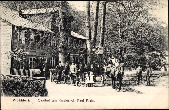 Ansichtkaart Hamburg Wandsbek Wohldorf, Gasthof am Kupferhof, koets, fietsen